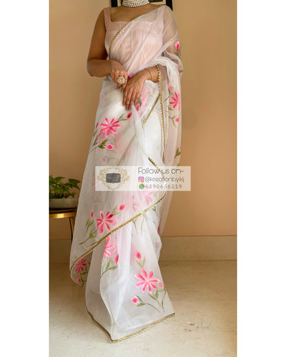 White Floral Organza Saree - kreationbykj