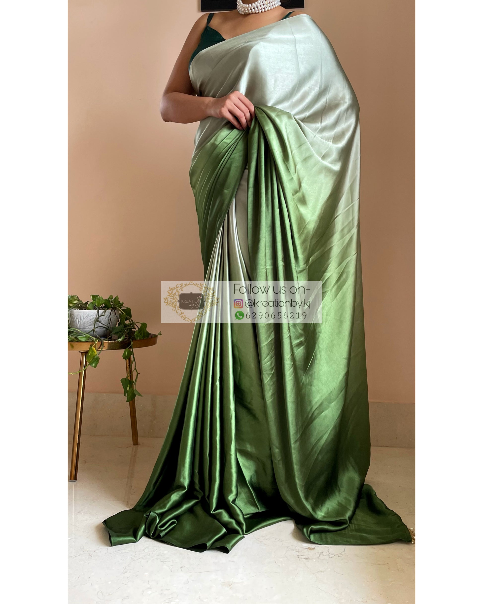 Green Hedge Ombré Satin Silk Saree with Handmade Tassels on Pallu - kreationbykj