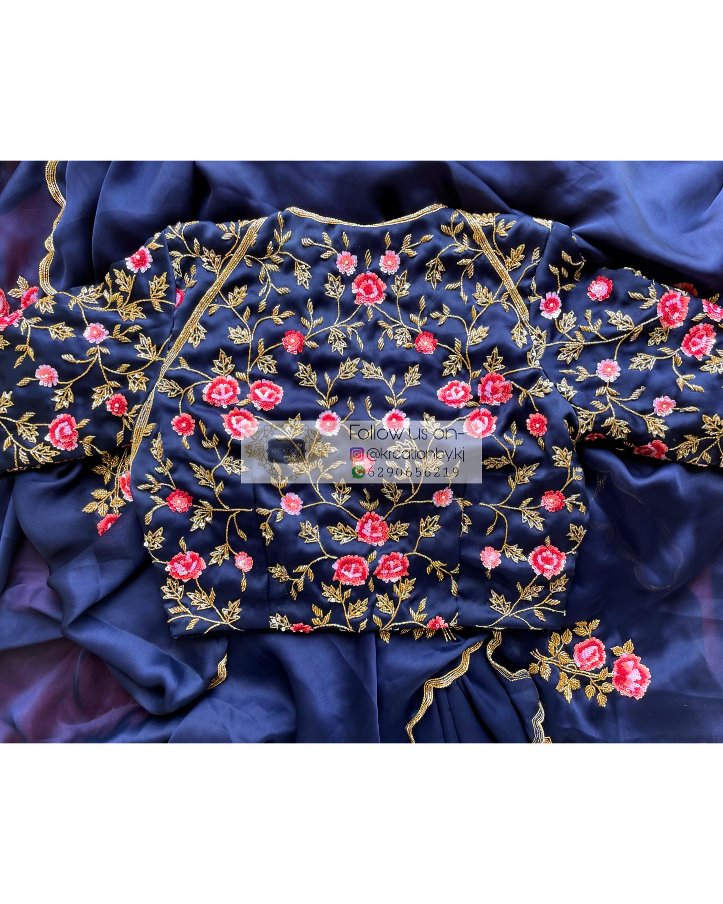 Remember the Roses Navy Blue Crepe Silk Saree - kreationbykj