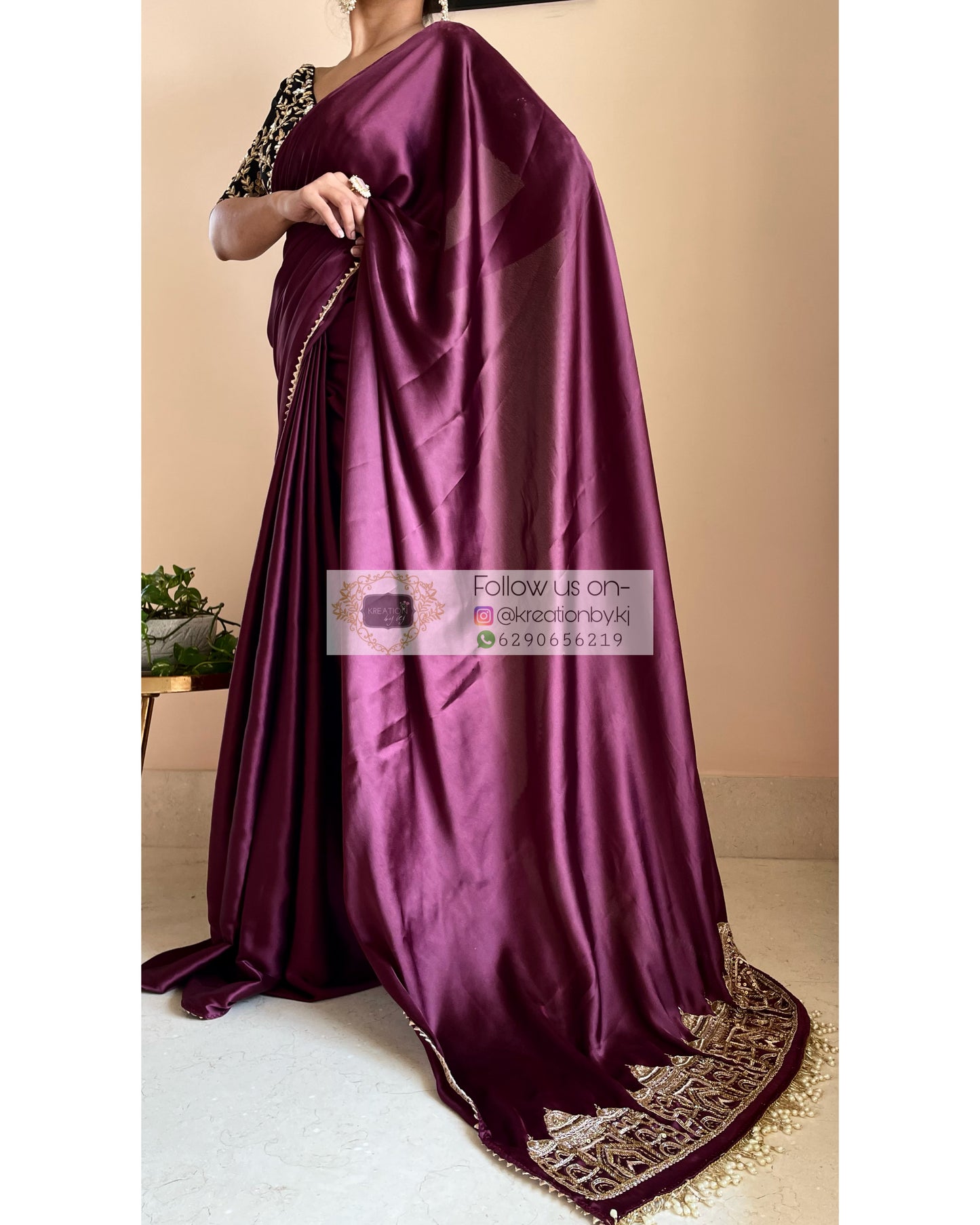 Dark Eggplant Wine Satin Silk Taj Mahal Saree - kreationbykj