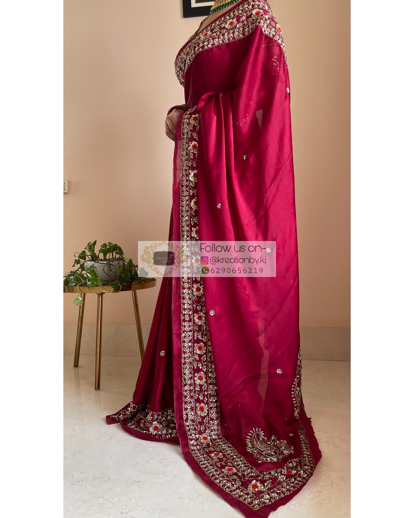 Maroon Crepe Silk Bridal Saree - kreationbykj