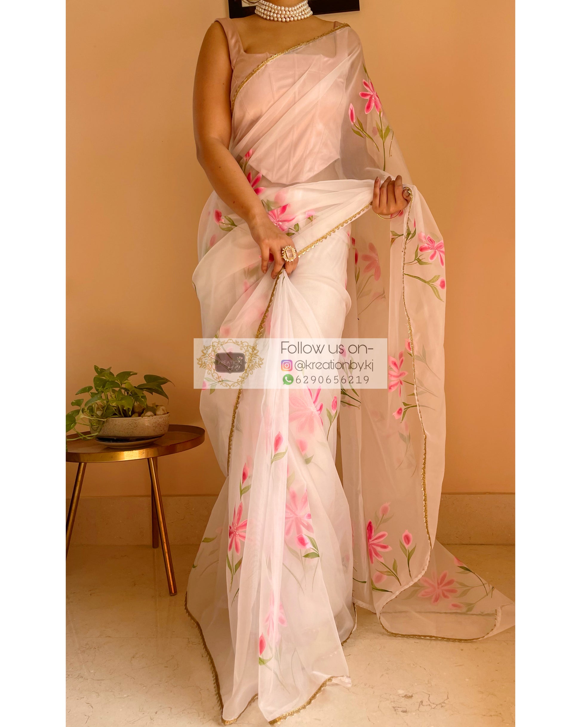 White Floral Organza Saree - kreationbykj