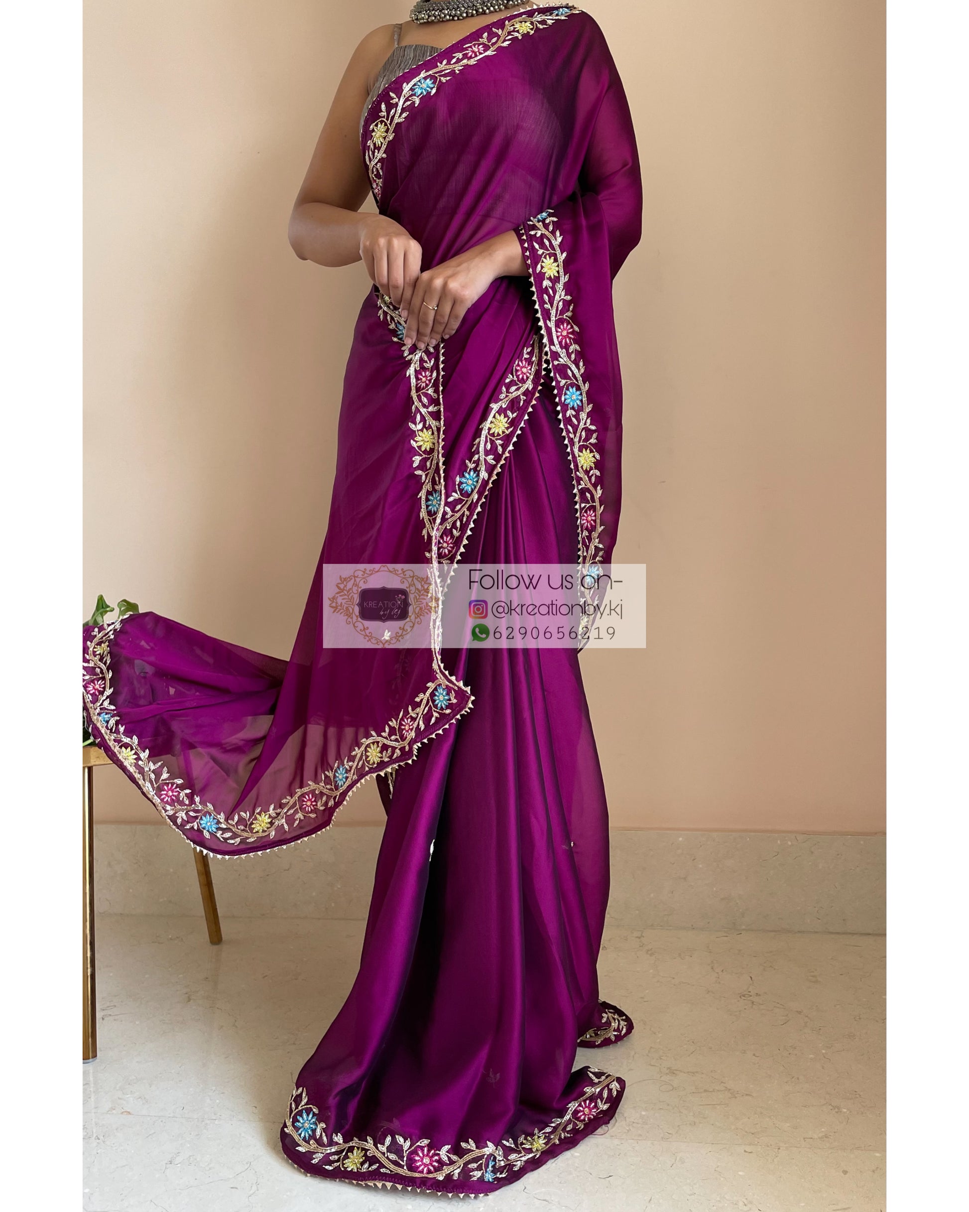 Wine Georgette Zardozi Minakari Saree - kreationbykj