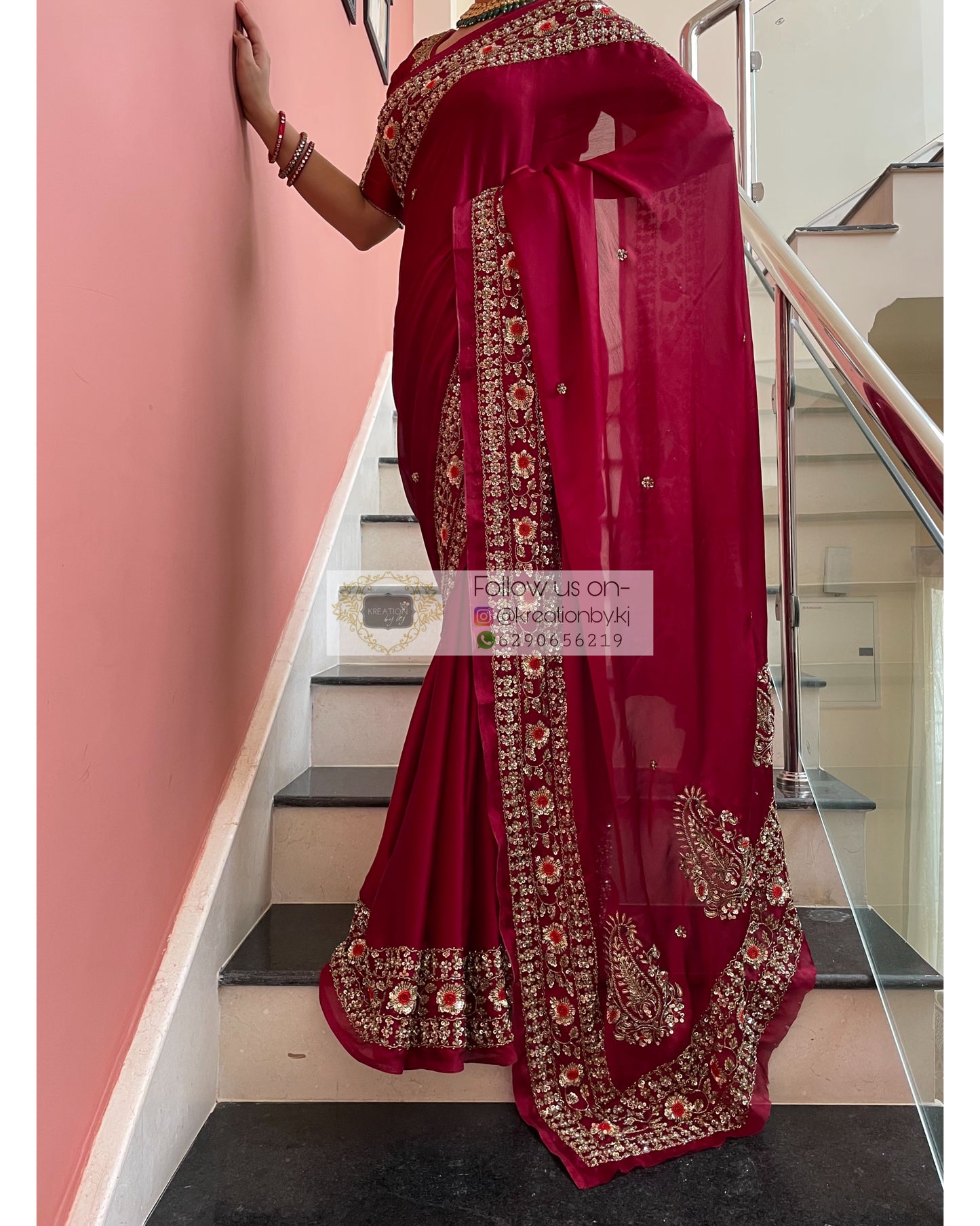 Maroon Crepe Silk Bridal Saree - kreationbykj