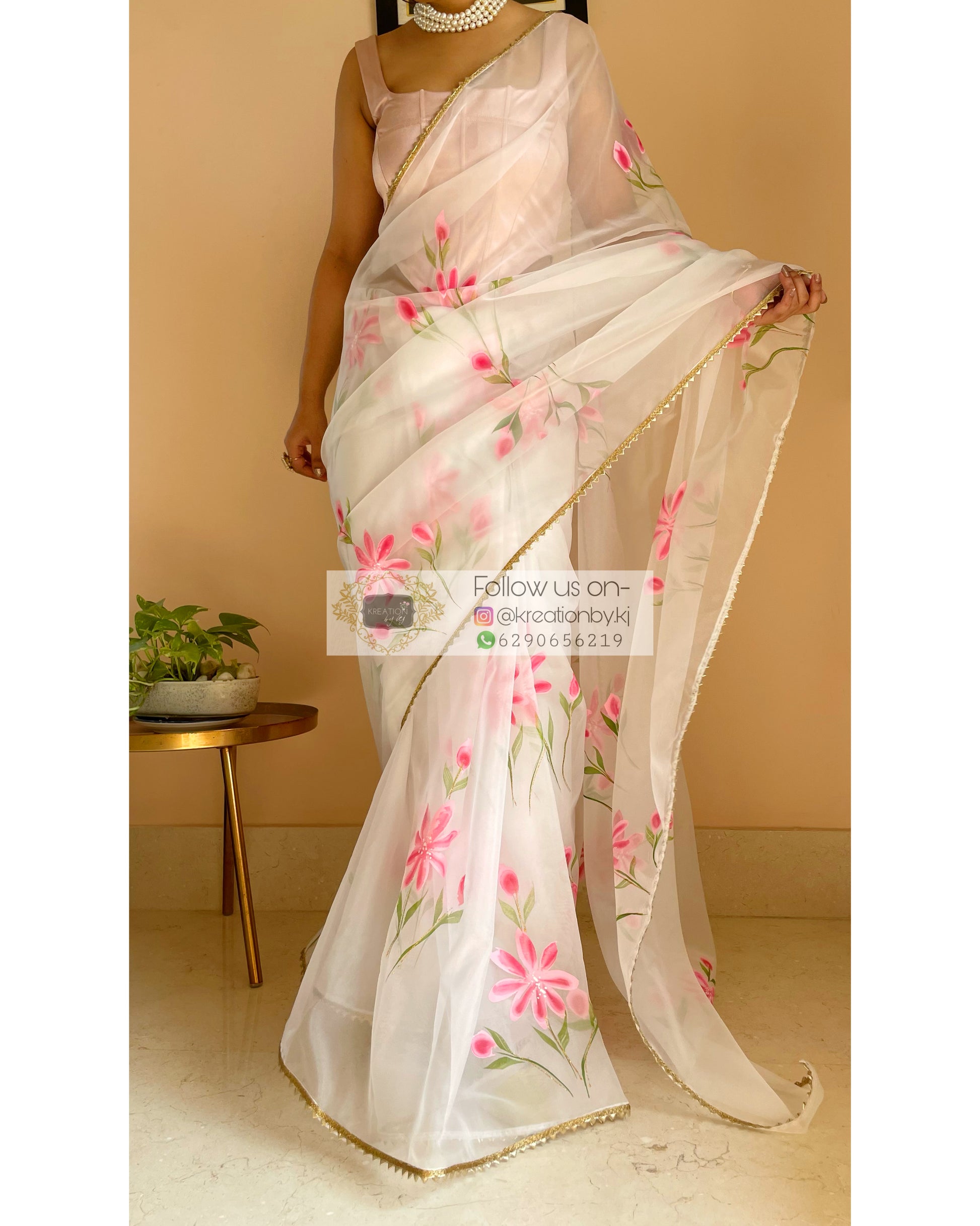 White Floral Organza Saree - kreationbykj