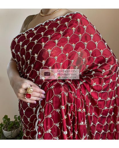 Maroon Georgette Cutdana Mehraab Jaal Saree - kreationbykj