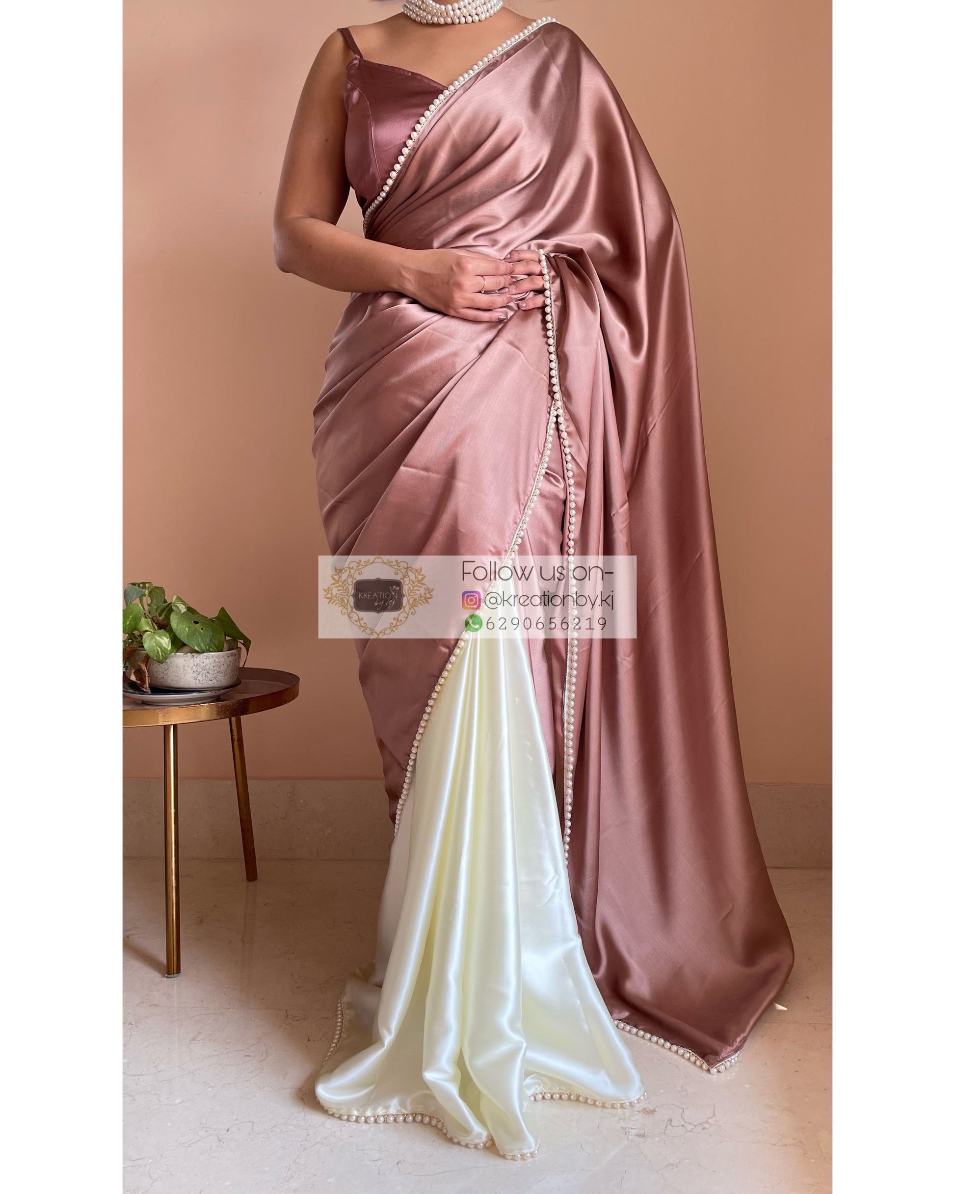 Rose Gold Peonies Two in One Satin Saree - kreationbykj