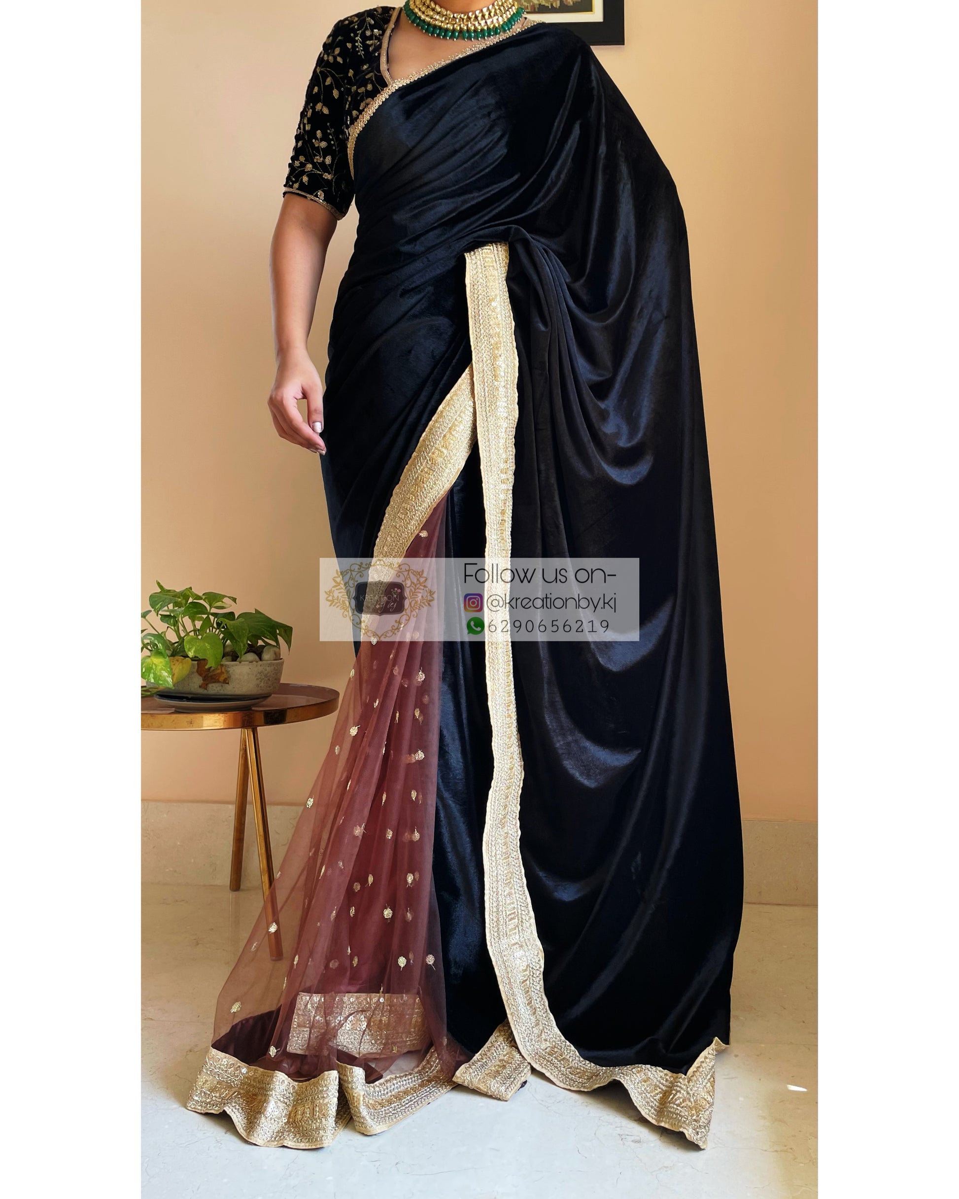 Designer Saree : Blue velvet plain party wear designer saree