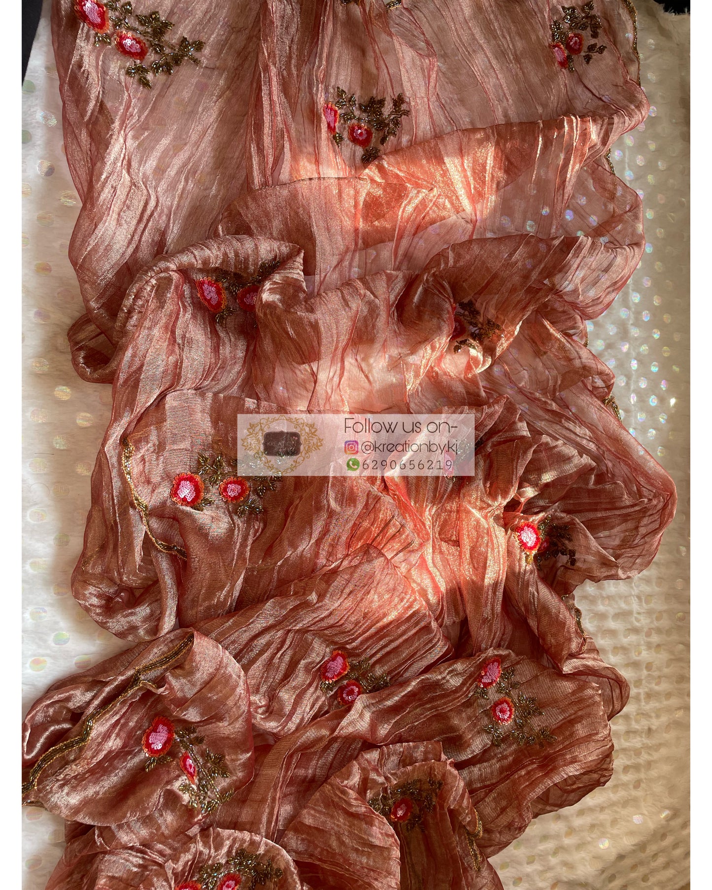 Rose Gold Zari Tissue Rose Dupatta - kreationbykj