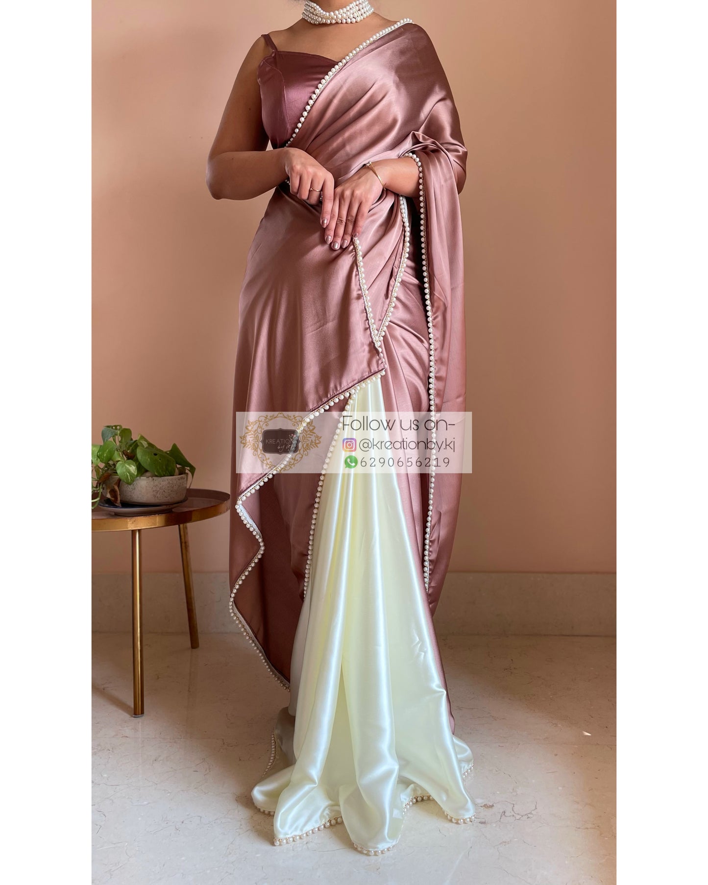 Rose Gold Peonies Two in One Satin Saree - kreationbykj