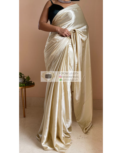 Ivory Satin Silk Saree With Handmade Tassels on Pallu - kreationbykj