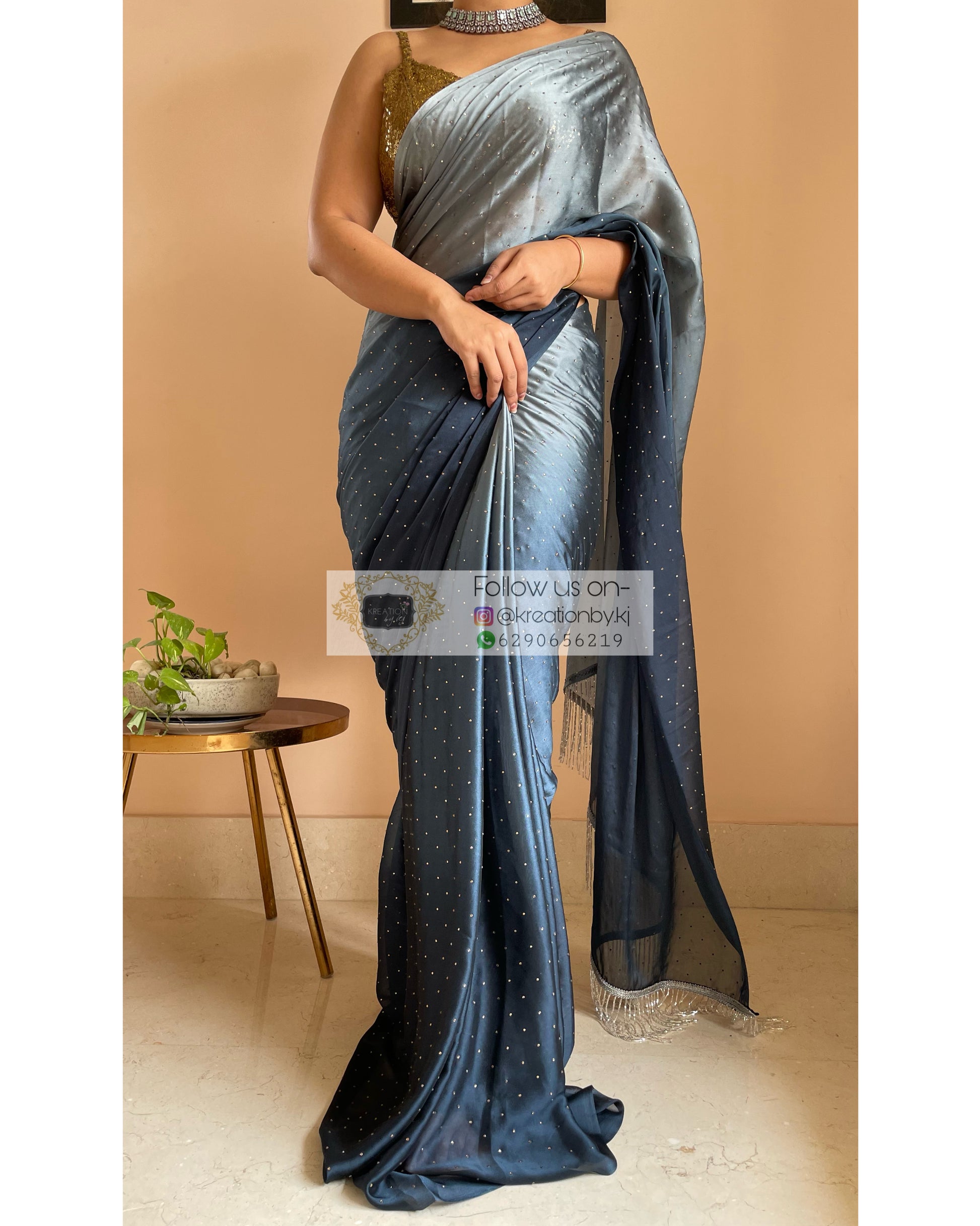 Ombré Midnight Blue Saree with Stone Work - kreationbykj