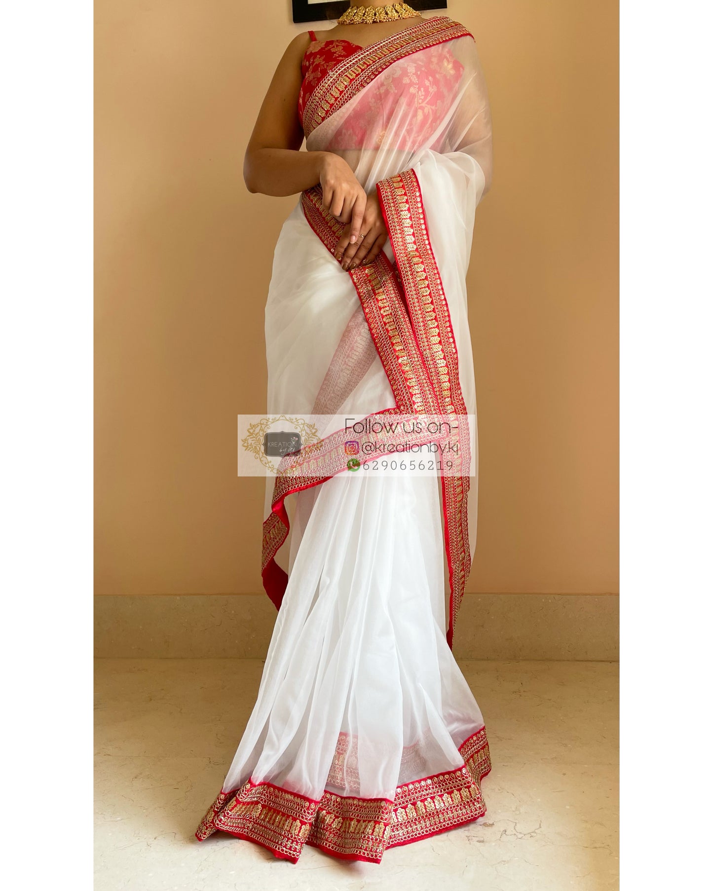 White Organza Saree with Red Border - kreationbykj