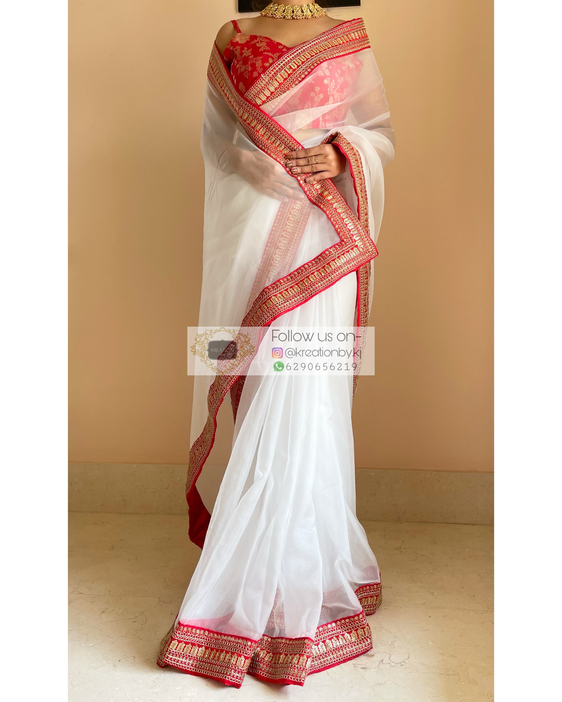 White Organza Saree with Red Border - kreationbykj