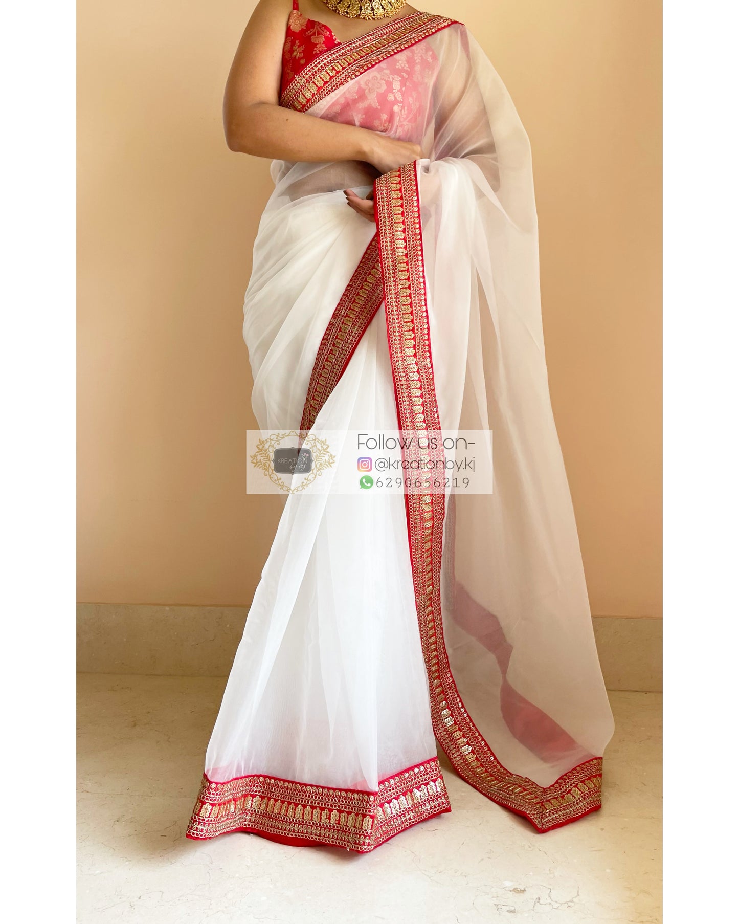 White Organza Saree with Red Border - kreationbykj